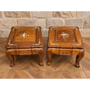 Pair Of Chinese Side Tables Made Of Carved Wood With Mother-of-pearl Inlays – 20th Century