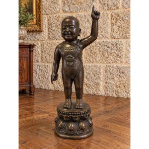 Asian Bronze Statuette – Child On A Lotus-shaped Base – Height: 30 Cm