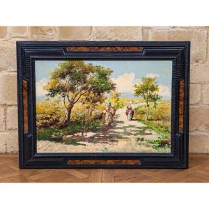Conti : la promenade / Paysage animé d'élégantes – Huile sur toile signée –