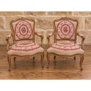 Pair Of Gilded Louis XV-style Armchairs – Petit Point Tapestry 