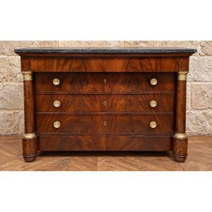 Empire-style Mahogany Chest Of Drawers – Detached Columns – Marble Top – 19th Century
