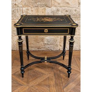 Craft Table / Dressing Table In Blackened Wood With Marquetry – Napoleon III Period – 19th Century