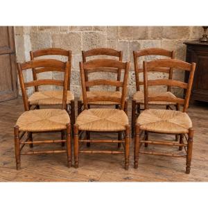 Suite De Six Chaises Rustiques En Bois Naturel Et Assise Paillée