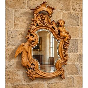 Large Carved Wooden Mirror In The Style Of Viardot—with Dragon And Putto Motifs—19th Century