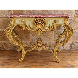 Importante console Venitienne de style Louis XV – Bois sculpté, laqué et doré –