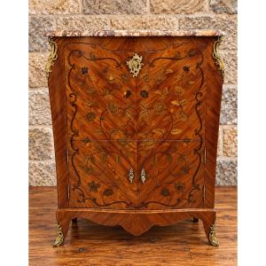 Secrétaire galbé de style Louis XV en marqueterie florale – Marbre – Cachette secrète
