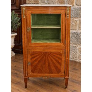 Louis XVI-style Display Cabinet With Marquetry – White Marble – 19th Century