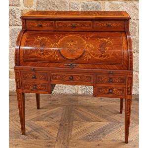 Bureau à cylindre marqueté toutes faces - style Louis XVI – Décor floral