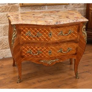 Curved Louis XV-style Ladies' Chest Of Drawers With Marquetry – Marble Top