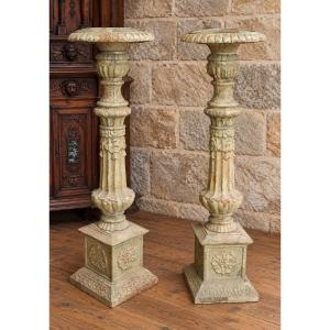 Pair Of Large Cast-iron Candlesticks – Neo-renaissance Style – 20th Century