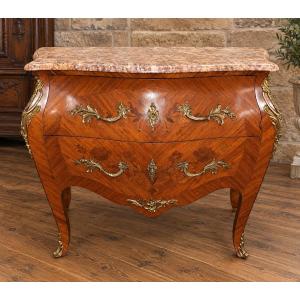 Curved Louis XV-style Chest Of Drawers With Marquetry – Marble Top – Bronze Ornaments