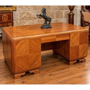 Very Large, Double-sided Art Deco-era Center Desk In Mottled Oak – Circa 1930