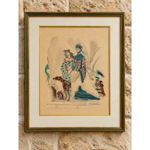 Lucien Fontanarosa (1912–1975) – Medieval Scene With Elegant Women And A Greyhound – Signed Lithograph