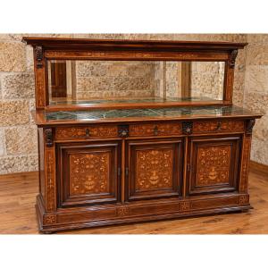 Grand buffet en enfilade à miroir, marqueterie florale et marbre vert de mer – St. Renaissance
