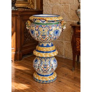 Large Nevers Earthenware Planter On A Pedestal – Antoine Montagnon – H. 86 Cm