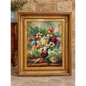Large Still Life With Flowers, Pheasant, And Grapes – Monogrammed Oil On Canvas – 20th Century