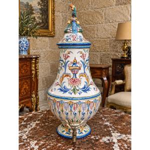 Large Polychrome Earthenware Wall Fountain – Paris, 1894 – Renaissance Design – Height: 69 Cm