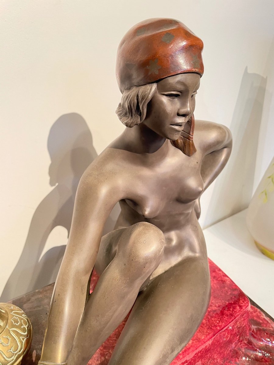 Sculpture En Bronze Et Céramique Signée Levy-kingsbourg Représentant Une Femme Orientale -photo-4
