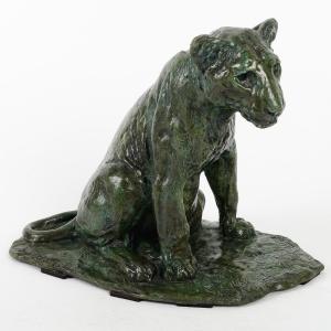 Lionceau Assis, Sculpture En Bronze Signée R. Godchaux 
