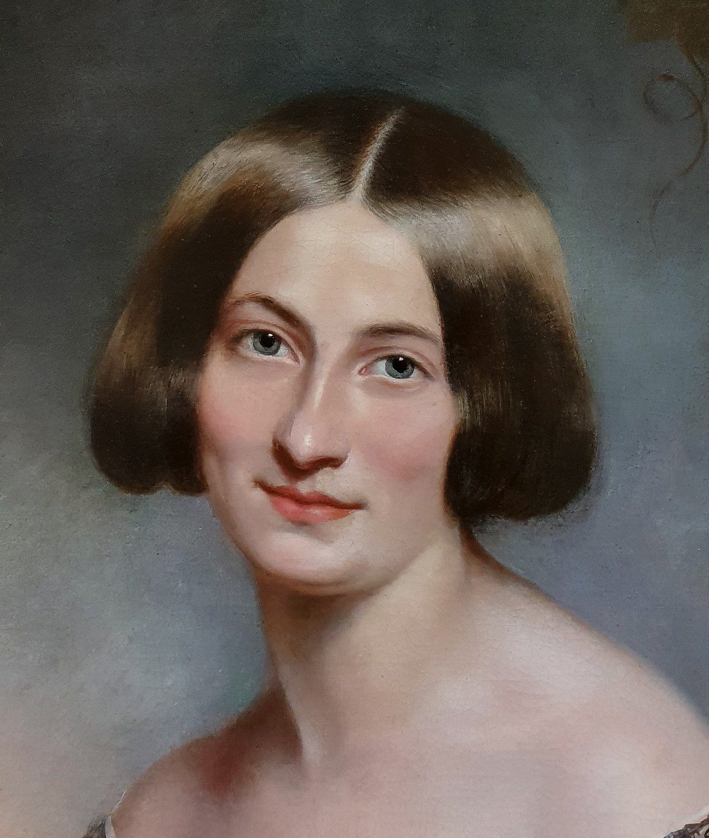 Portrait d'Une Jeune Femme à La Robe Rose Vers 1850, Peinture Ancienne à l'Huile Sur Toile-photo-4