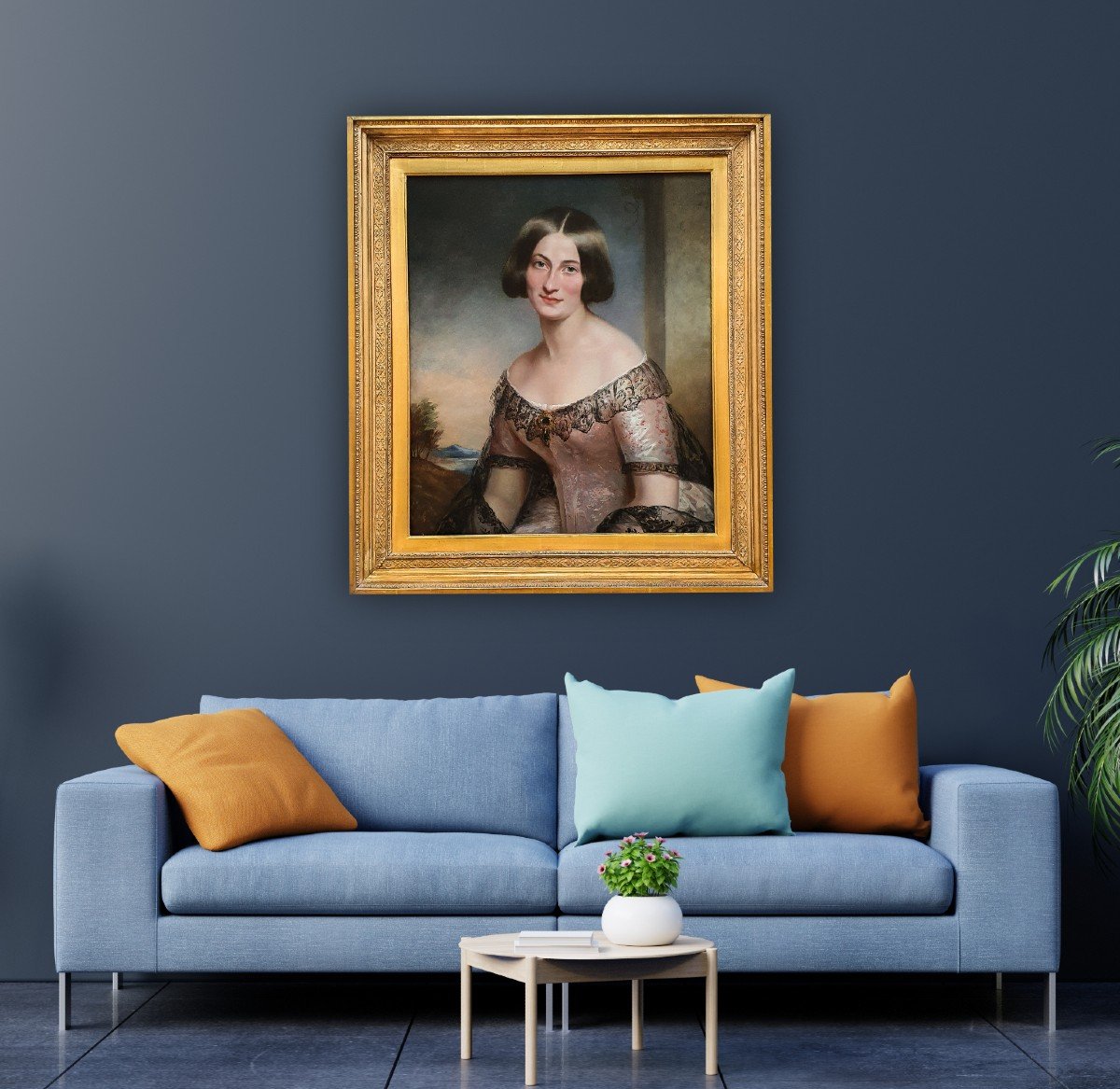 Portrait d'Une Jeune Femme à La Robe Rose Vers 1850, Peinture Ancienne à l'Huile Sur Toile