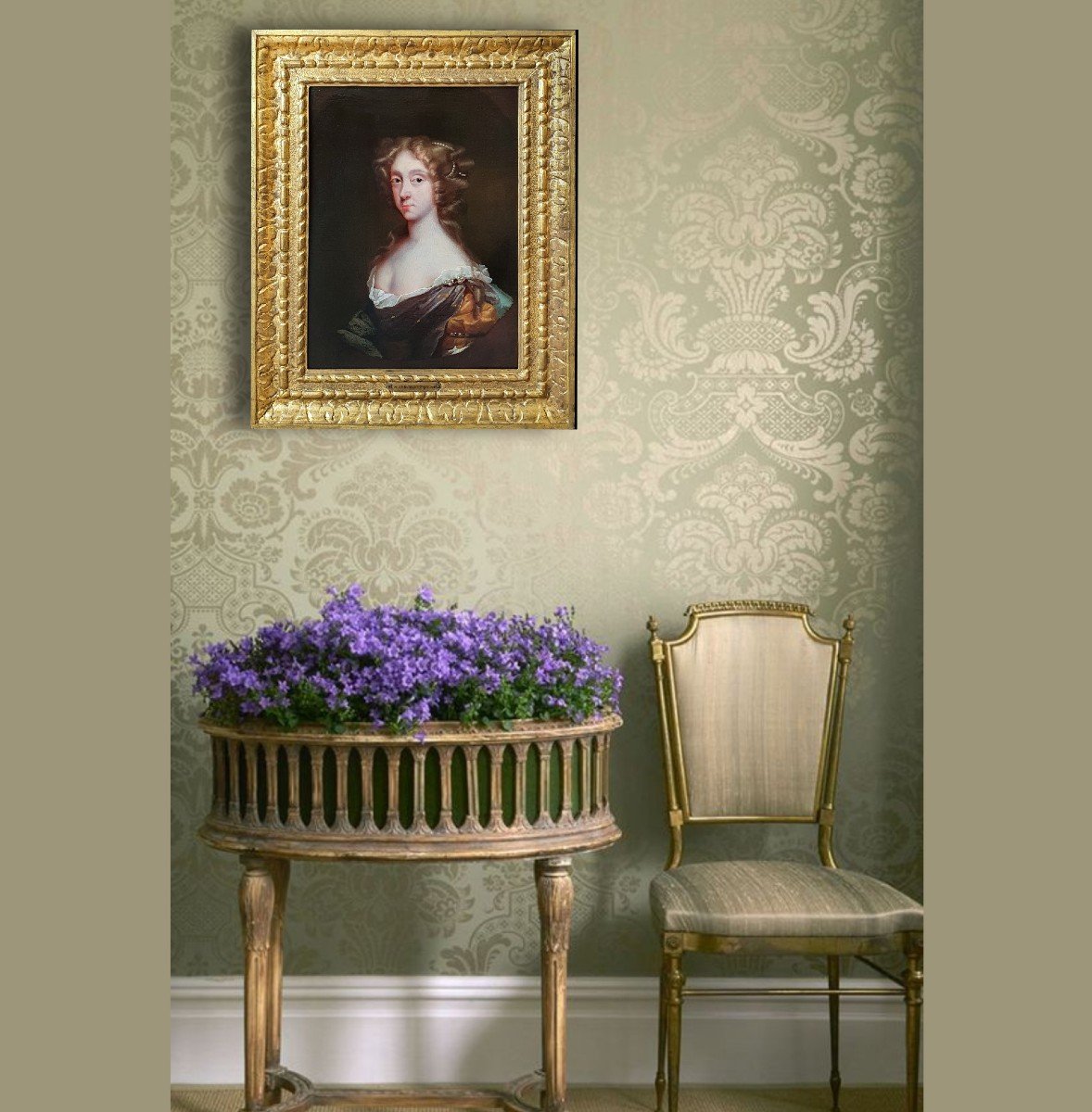 Portrait d'Elizabeth Spencer Vers 1665; Cadre Finement Sculpté, 17ème Siècle, Huile Sur Toile-photo-2