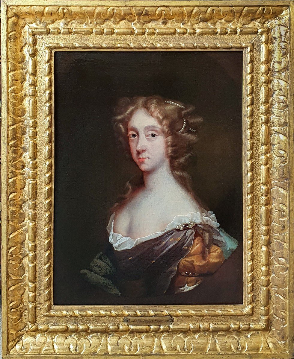 Portrait d'Elizabeth Spencer Vers 1665; Cadre Finement Sculpté, 17ème Siècle, Huile Sur Toile