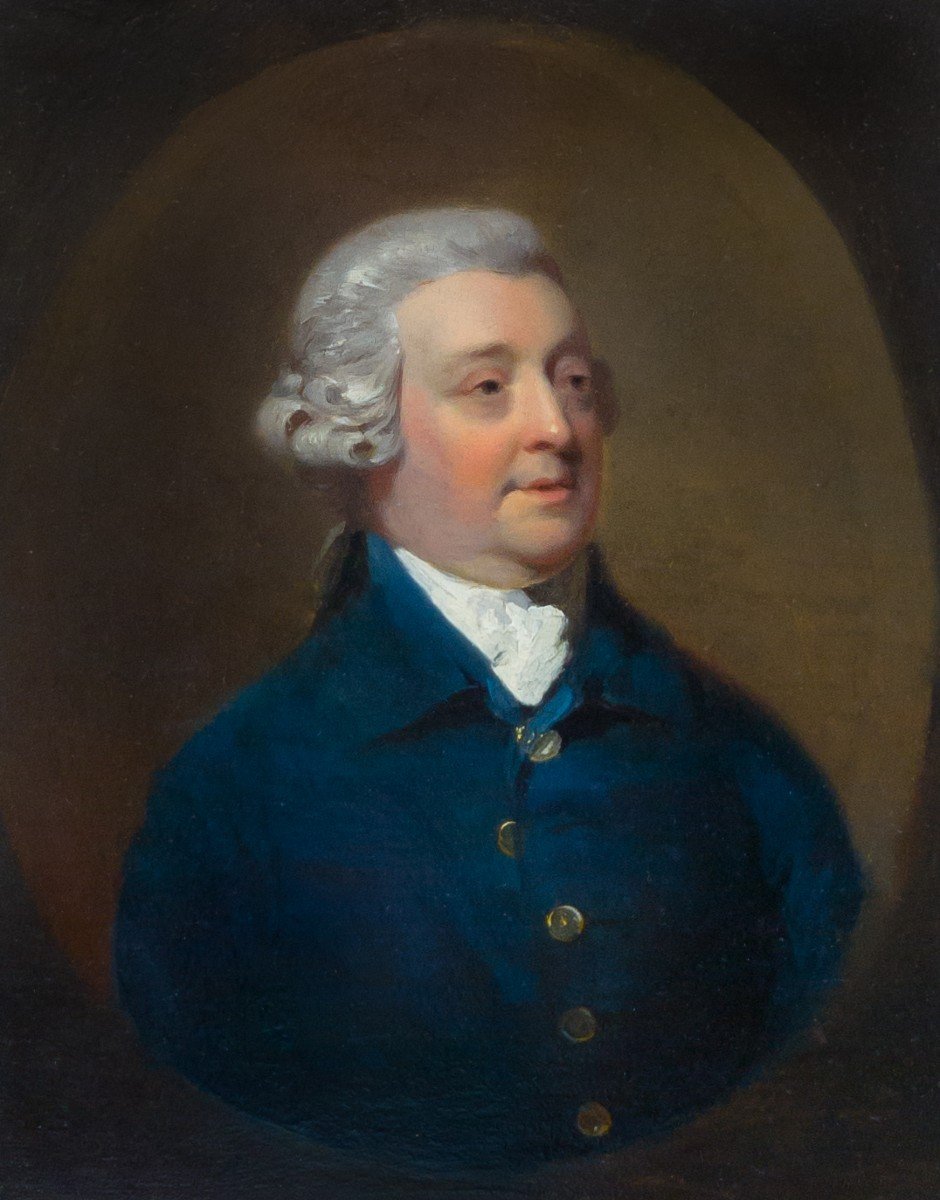 Vers 1775 Portrait d'Un Gentilhomme En Habit Bleu Et Perruque Poudrée, Rare Huile Sur Panneau-photo-2