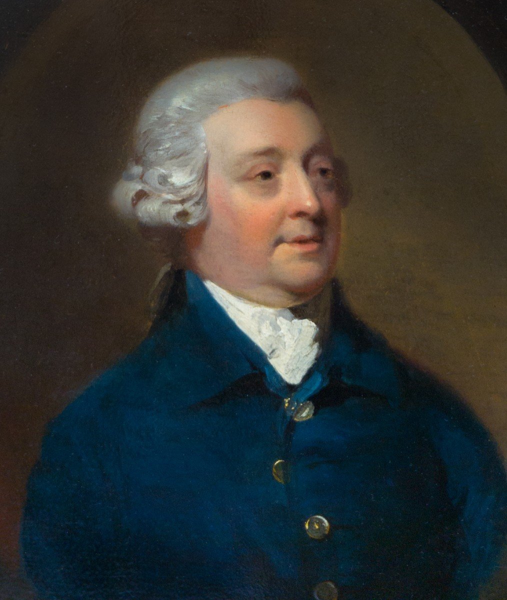 Vers 1775 Portrait d'Un Gentilhomme En Habit Bleu Et Perruque Poudrée, Rare Huile Sur Panneau-photo-3