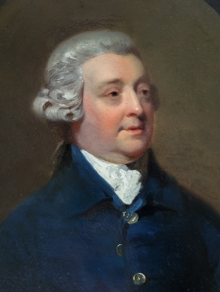 Vers 1775 Portrait d'Un Gentilhomme En Habit Bleu Et Perruque Poudrée, Rare Huile Sur Panneau-photo-4