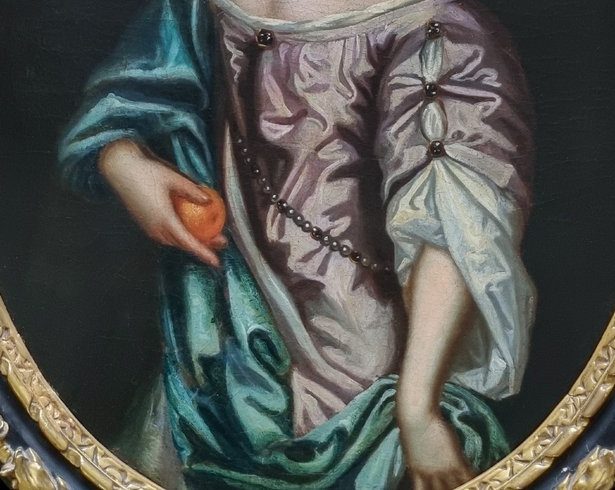 Vers 1700 Portrait De Jeune Femme Tenant Une Orange, Française, Peinture à l'Huile Sur Toile-photo-2