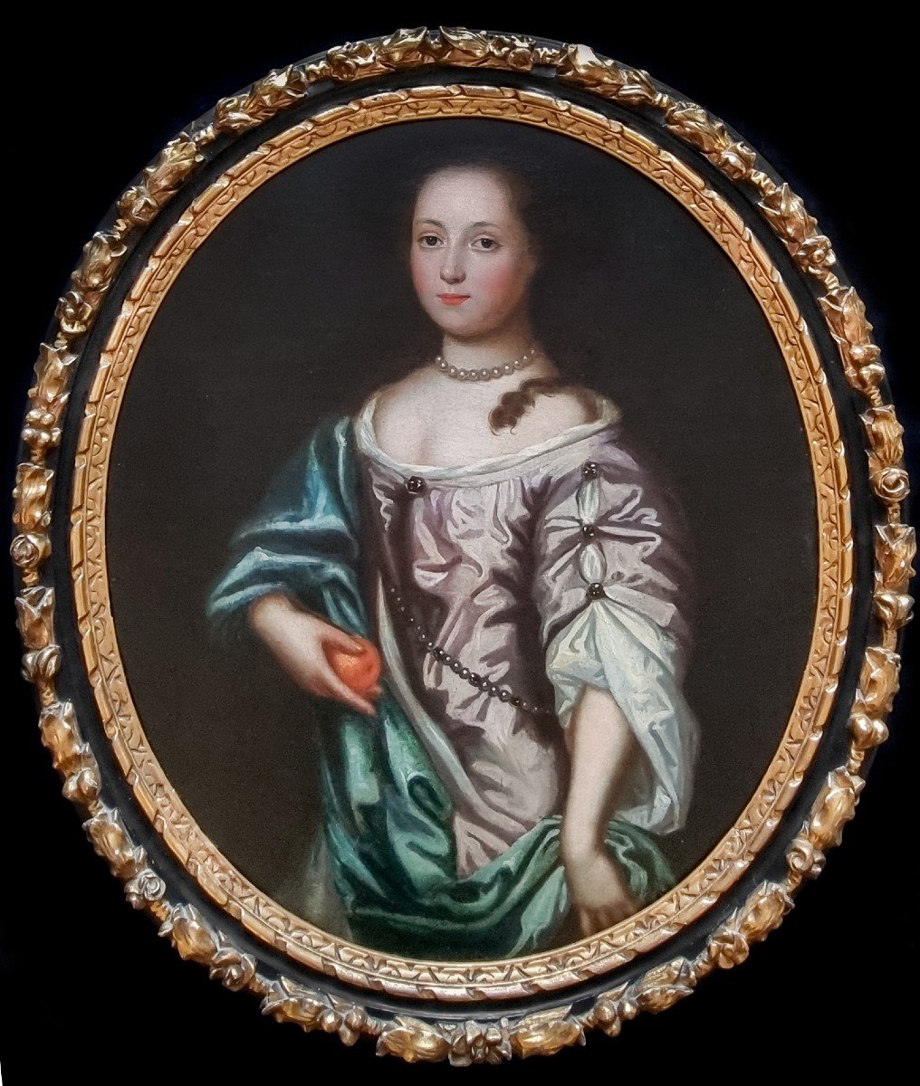 Vers 1700 Portrait De Jeune Femme Tenant Une Orange, Française, Peinture à l'Huile Sur Toile