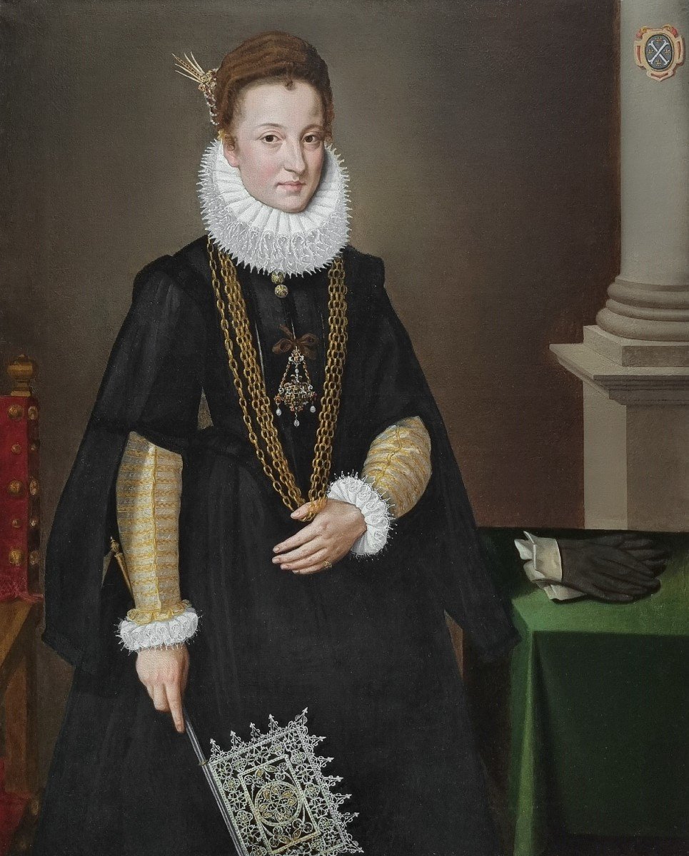 Vers 1635 Grand Portrait d'Une Dame Avec Un éventail Vénitien En Dentelle, Huile Sur Toile-photo-3