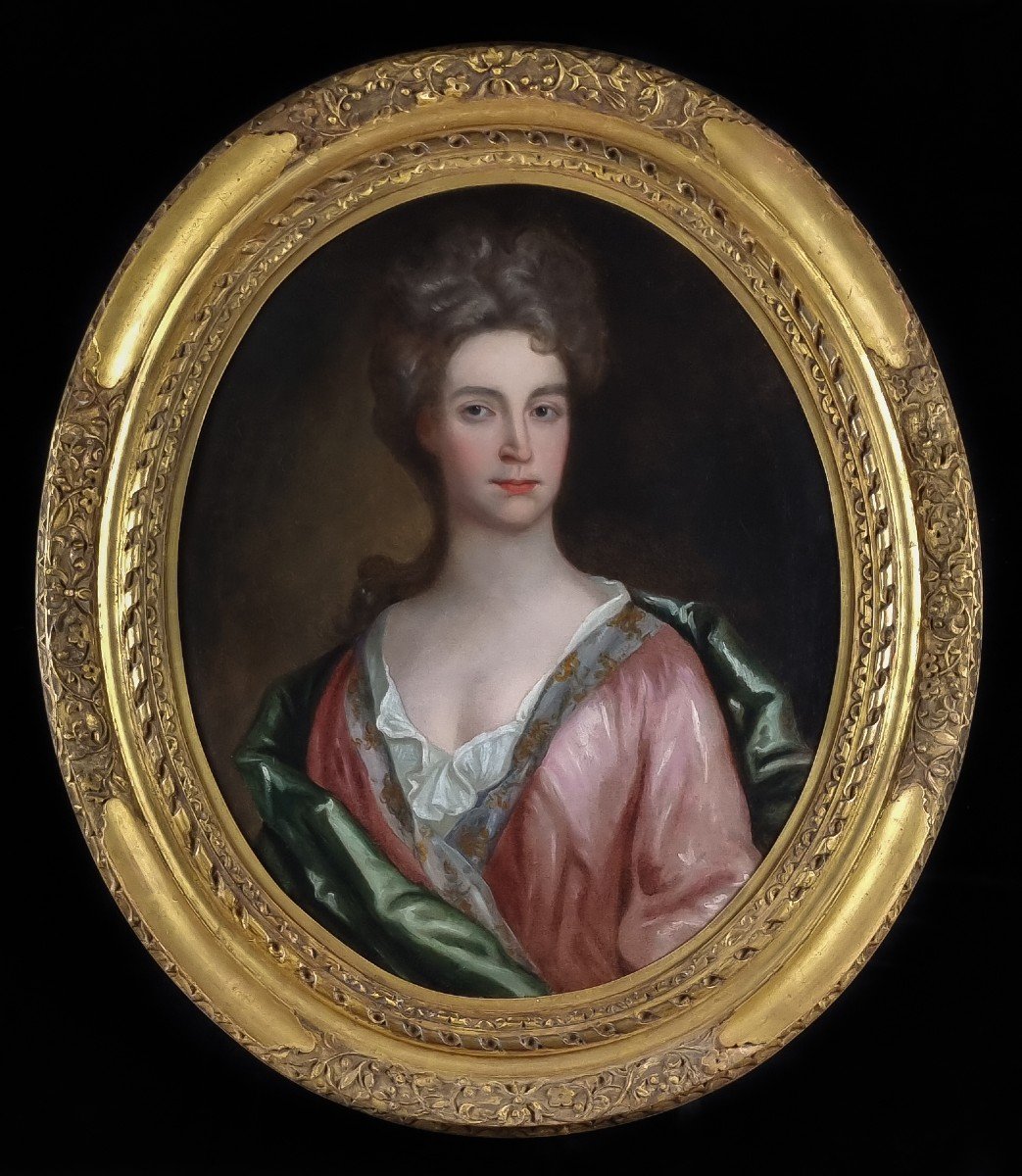 Vers 1695 Portrait d'Une Dame à La Robe De Soie Rose, Peinture Huile Sur Toile, Cadre Doré Fin