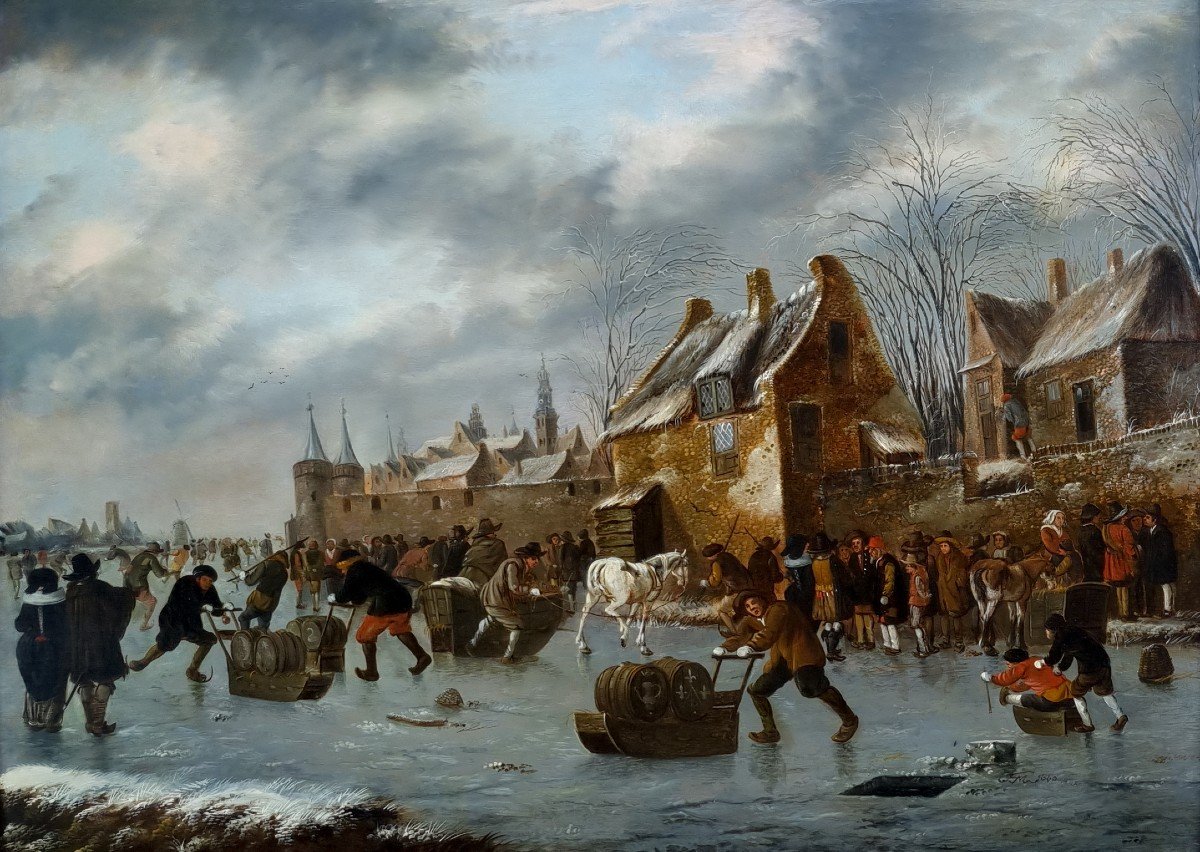 Paysage d'Hiver Avec Personnages Sur Un Canal Hollandais Gelé, Signé Et Daté 1660 Heeremans-photo-3