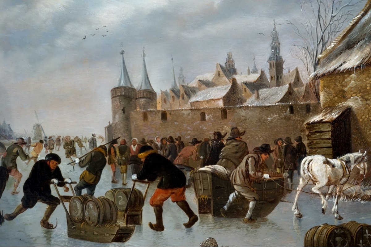 Paysage d'Hiver Avec Personnages Sur Un Canal Hollandais Gelé, Signé Et Daté 1660 Heeremans-photo-3