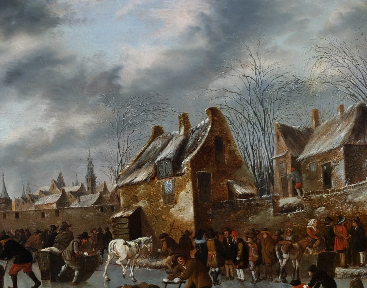 Paysage d'Hiver Avec Personnages Sur Un Canal Hollandais Gelé, Signé Et Daté 1660 Heeremans-photo-5