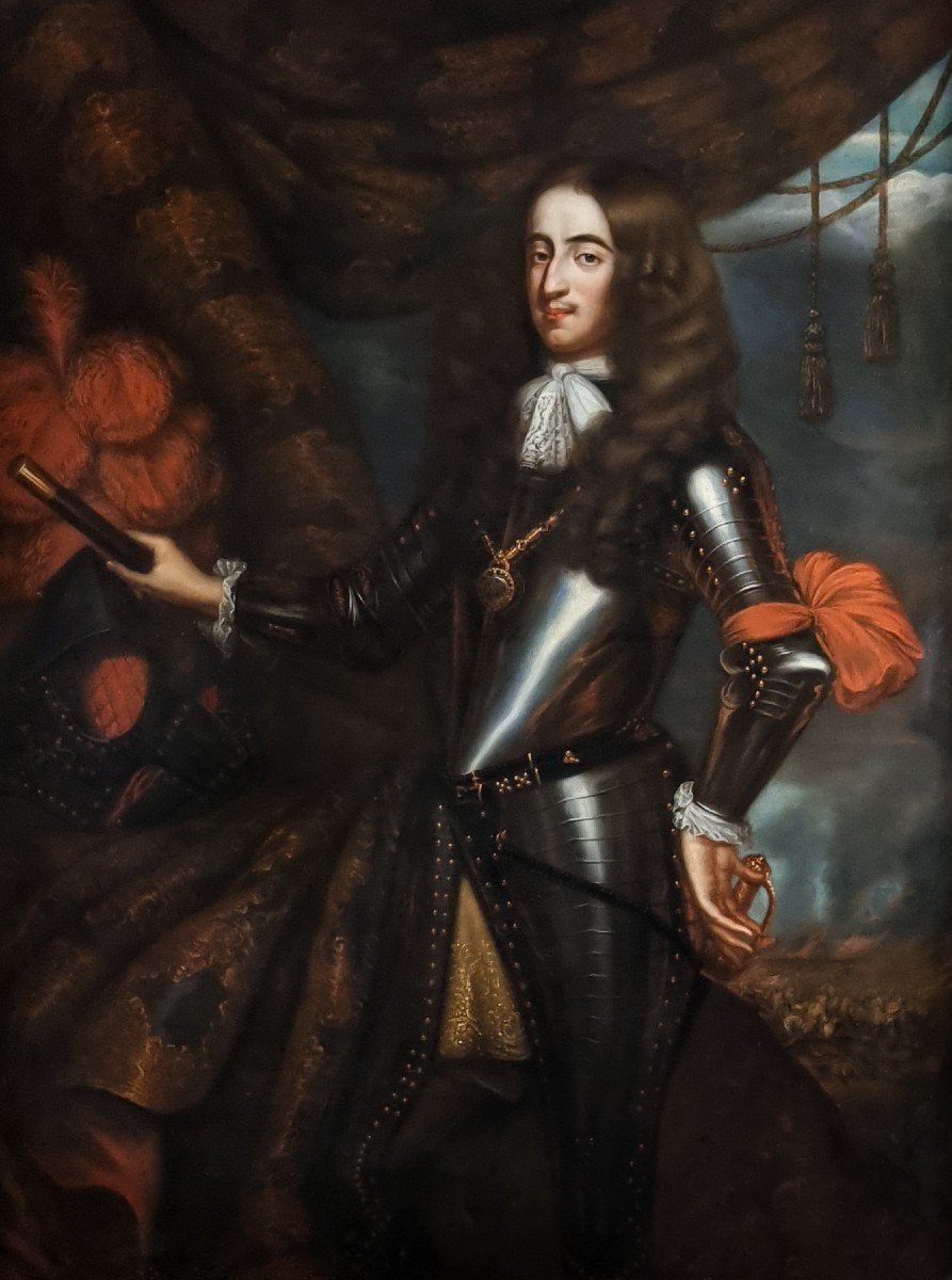 Portrait Of King William III In Armour, A Battle In The Distance C.1680; Circle Of Jan De Baen-photo-3
