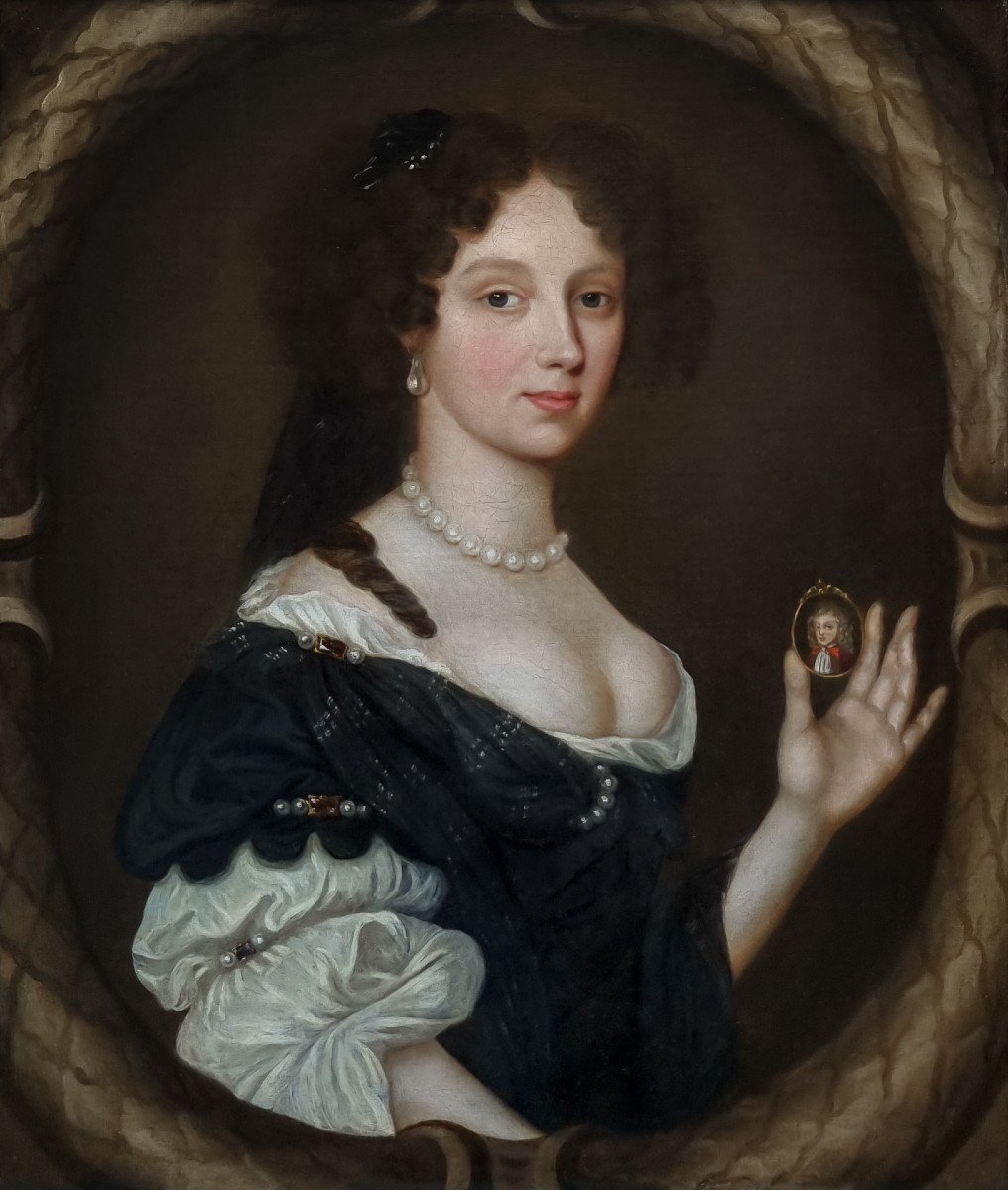 Rare Portrait d'Une Dame Tenant Un Portrait Miniature d'Un Garçon C.1673-80, Huile Sur Toile-photo-3