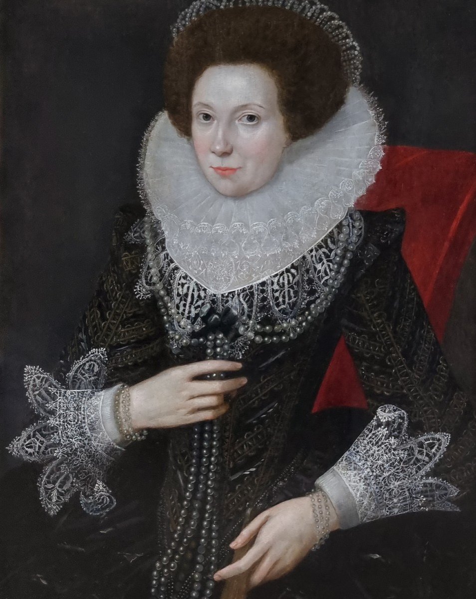 Portrait De Dame En Tenue élaborée Vers 1615, Huile Sur Panneau, Cadre Finement Sculpté-photo-3