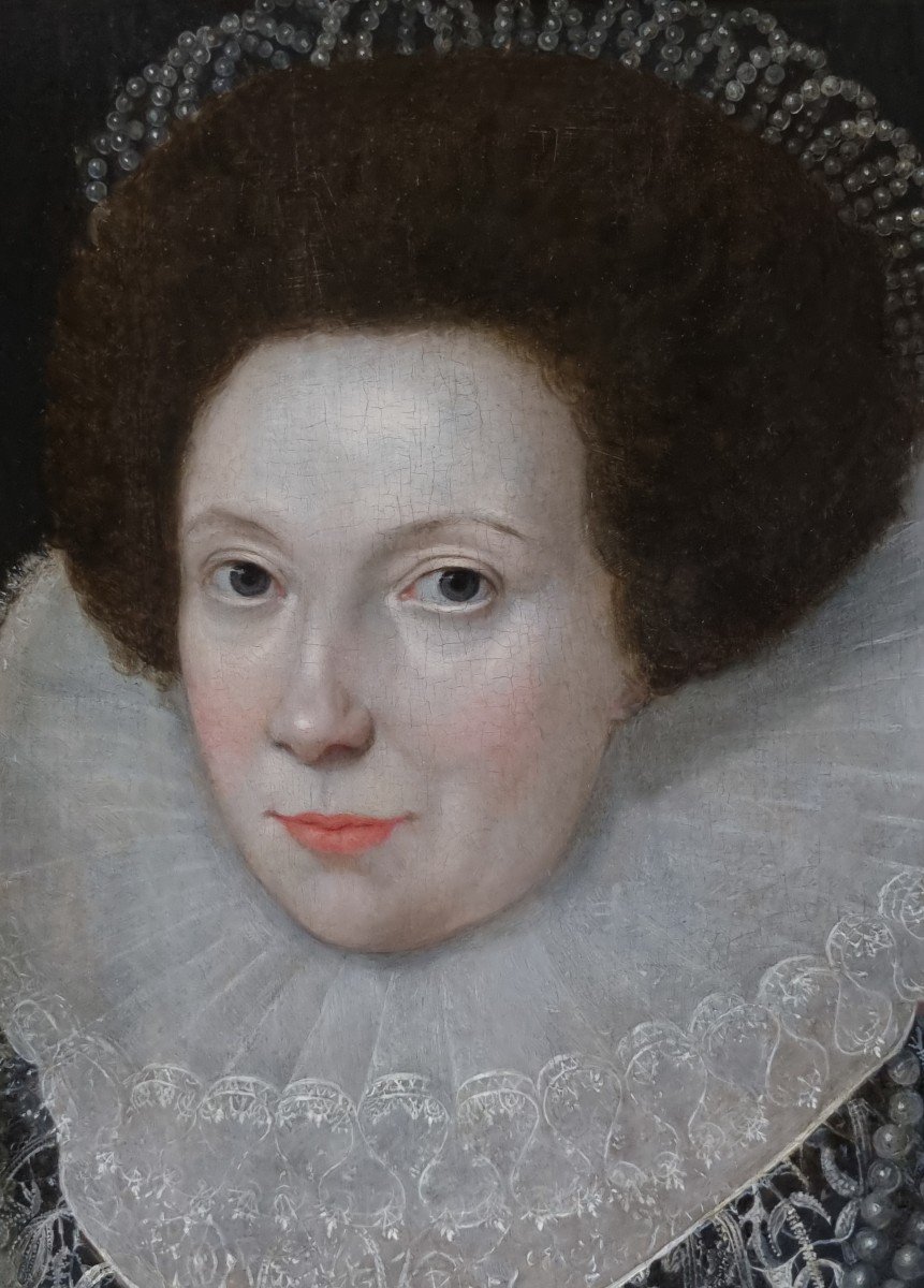 Portrait De Dame En Tenue élaborée Vers 1615, Huile Sur Panneau, Cadre Finement Sculpté-photo-1
