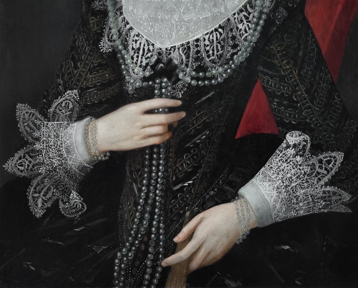 Portrait De Dame En Tenue élaborée Vers 1615, Huile Sur Panneau, Cadre Finement Sculpté-photo-5