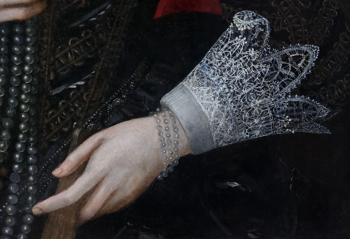 Portrait De Dame En Tenue élaborée Vers 1615, Huile Sur Panneau, Cadre Finement Sculpté-photo-6