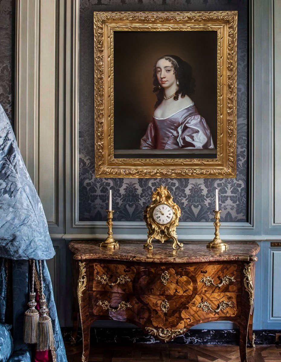 Vers 1660 Provenance Manoir, Portrait De Dame, Remarquable Cadre Doré, Peinture Huile Sur Toile