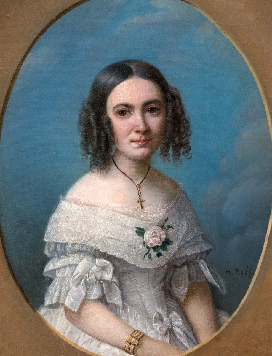 Portrait Signé d'Une Jeune Femme En Robe Blanche, Vers 1840, Huile Sur Toile-photo-3