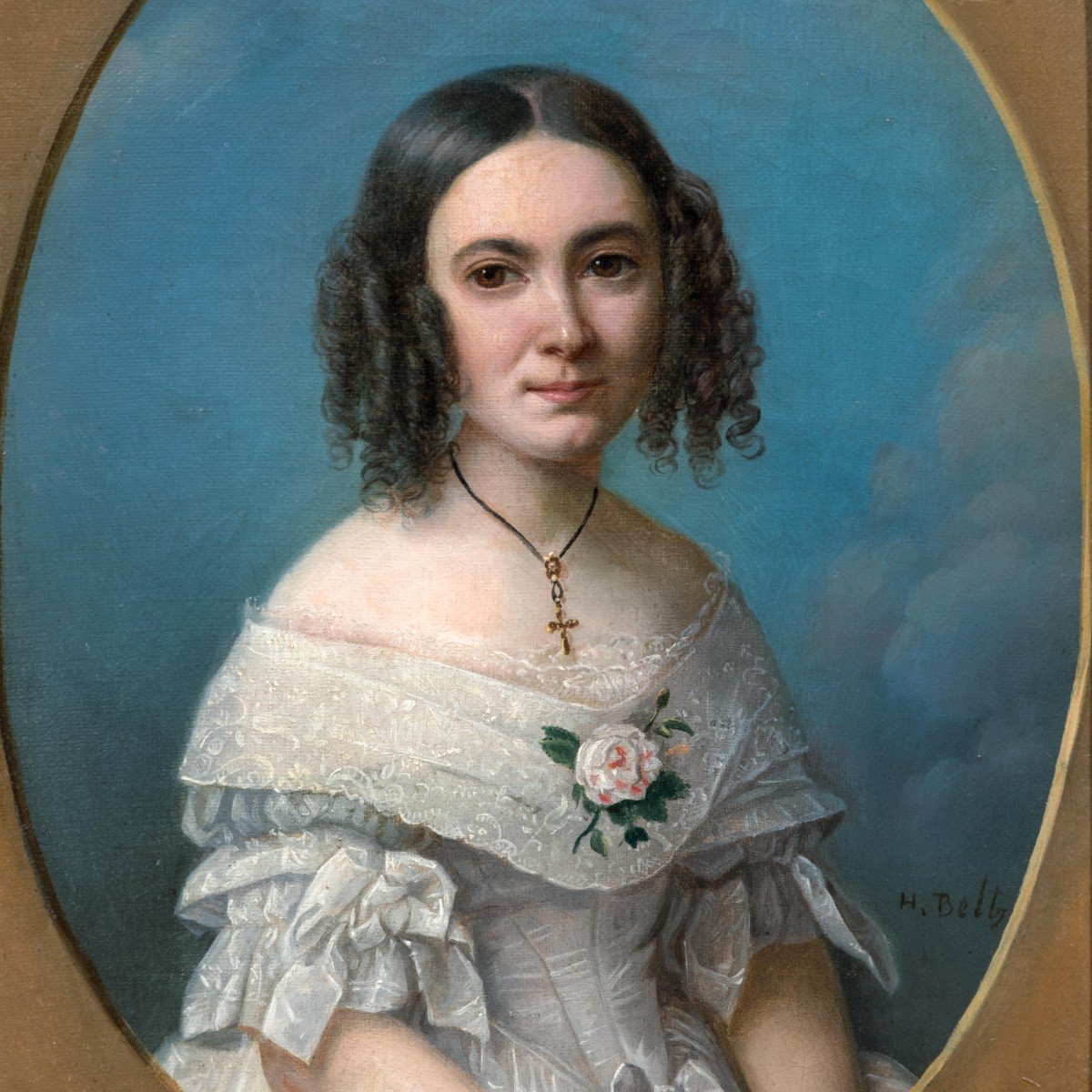 Portrait Signé d'Une Jeune Femme En Robe Blanche, Vers 1840, Huile Sur Toile-photo-4