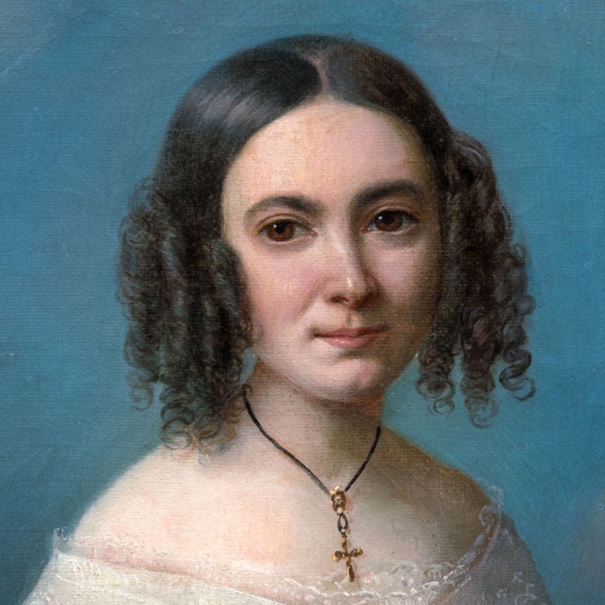 Portrait Signé d'Une Jeune Femme En Robe Blanche, Vers 1840, Huile Sur Toile-photo-1