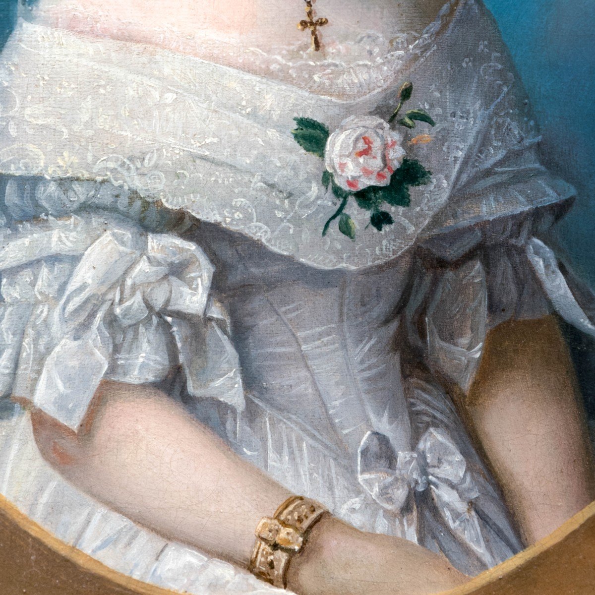 Portrait Signé d'Une Jeune Femme En Robe Blanche, Vers 1840, Huile Sur Toile-photo-2