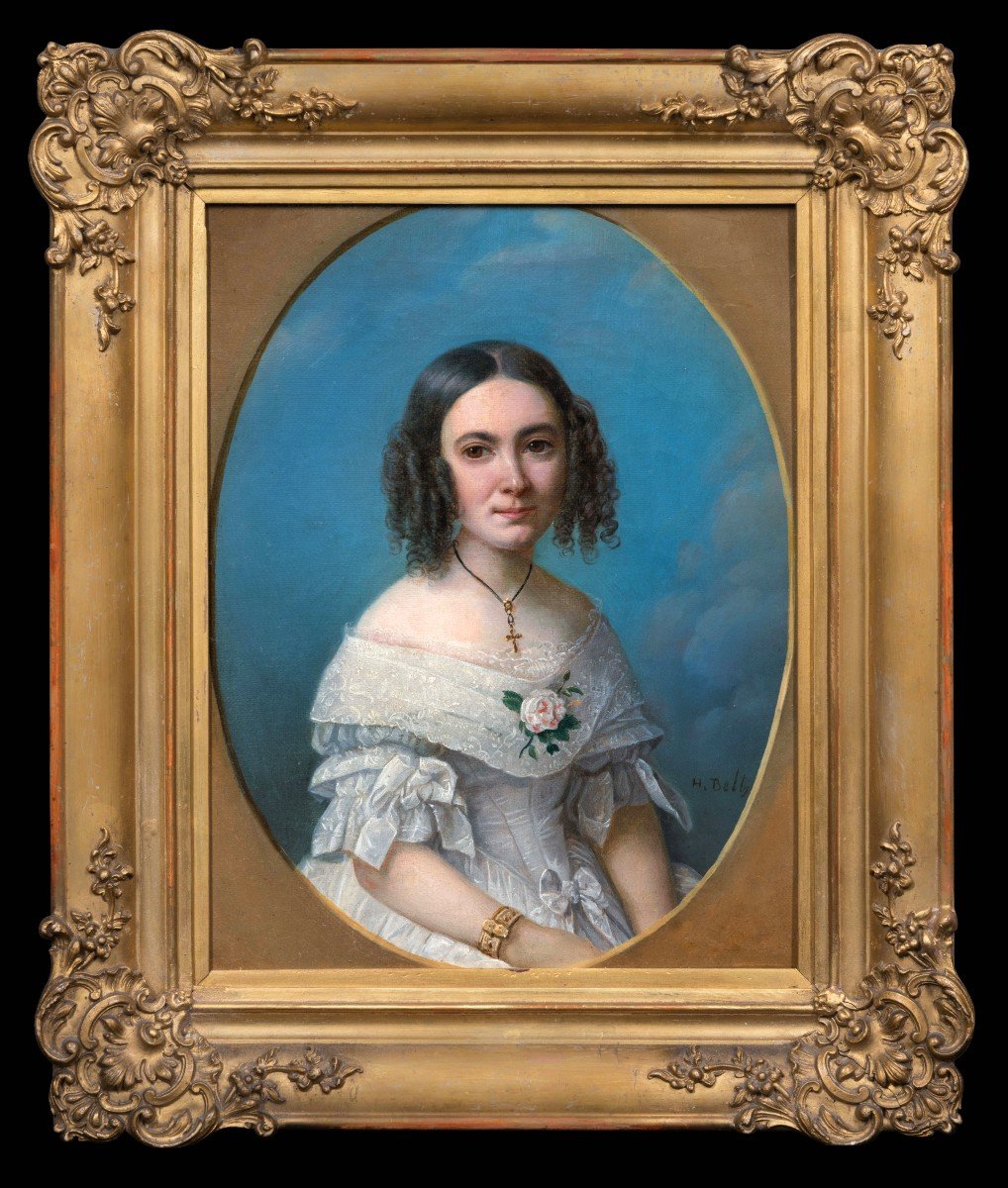 Portrait Signé d'Une Jeune Femme En Robe Blanche, Vers 1840, Huile Sur Toile