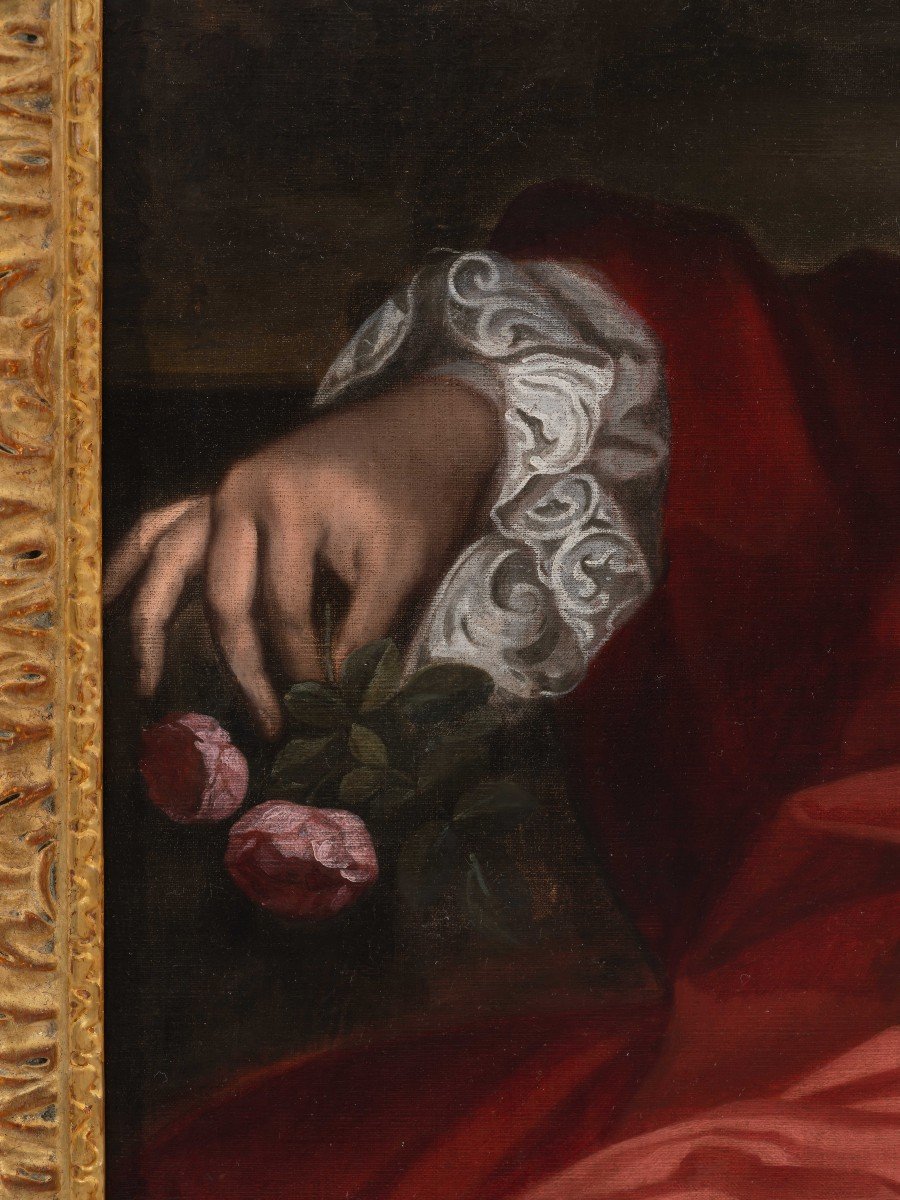 Portrait Gentleman En Robe Tenant Des Fleurs Vers 1675 Attribué à John Greenhill (c.1642-1676)-photo-4